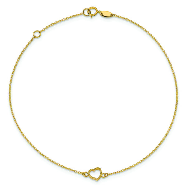 14K Textured and Polished Heart 9in Plus 1in ext Anklet - Image 4