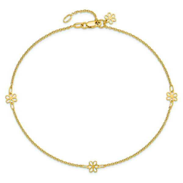 14K Polished Flowers 10in Plus 1in ext. Anklet - Image 4