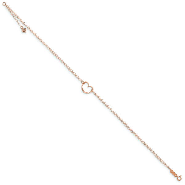 14k Rose Gold Double Strand Heart 9in Plus 1in Ext Anklet - Image 2