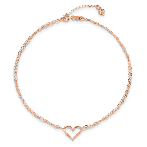 14k Rose Gold Double Strand Heart 9in Plus 1in Ext Anklet - Image 3
