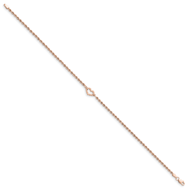 14k Rose Gold Diamod-cut Rope with Heart 9in Anklet - Image 2