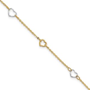 14K Two-tone Polished Heart 9in Plus 1in ext Anklet