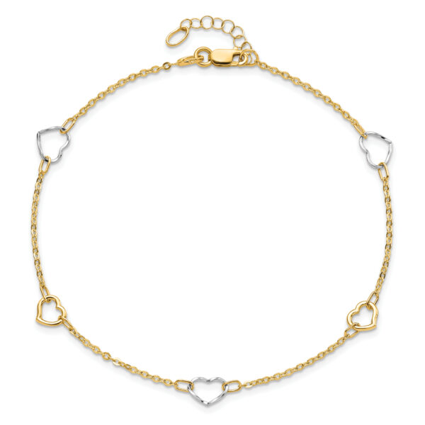 14K Two-tone Polished Heart 9in Plus 1in ext Anklet - Image 3