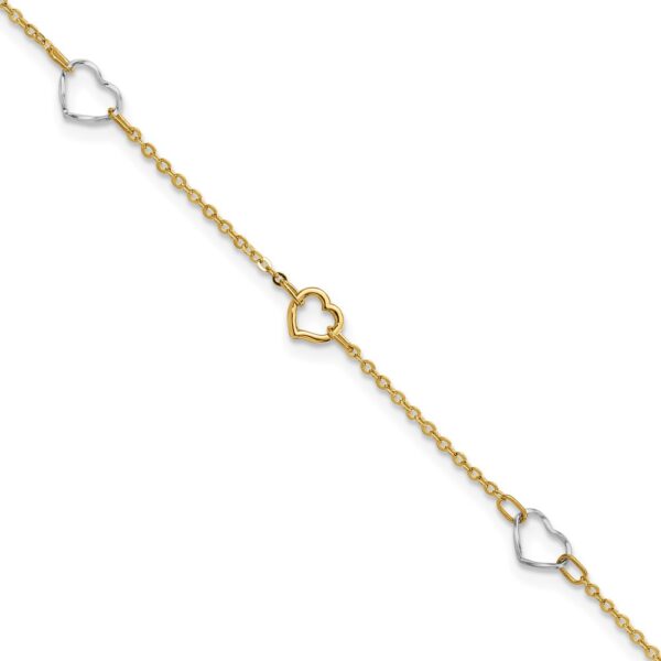 14K Two-tone Polished Heart 9in Plus 1in ext Anklet