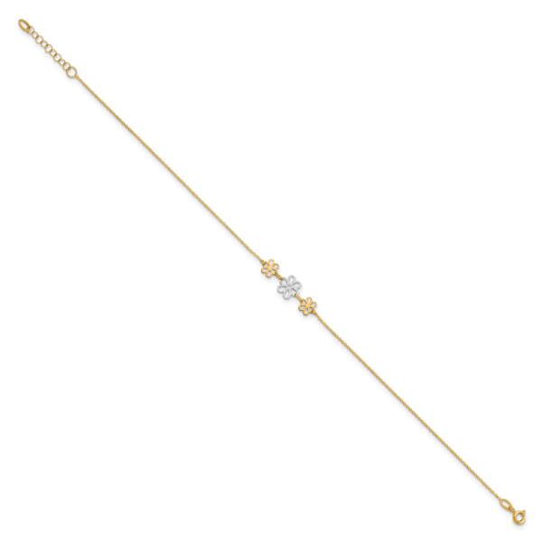 14K Two-tone Polished Three Flower 9in Plus 1in ext Anklet - Image 2