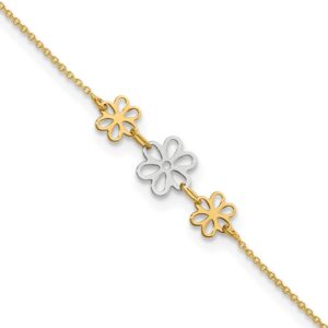 14K Two-tone Polished Three Flower 9in Plus 1in ext Anklet