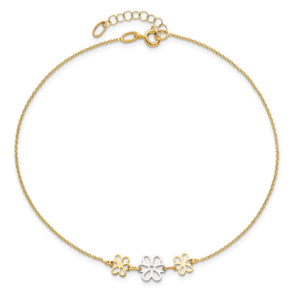 14K Two-tone Polished Three Flower 9in Plus 1in ext Anklet - Image 3