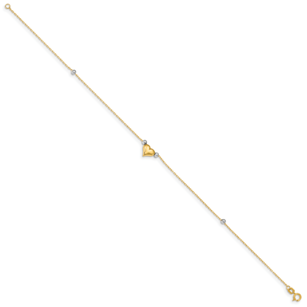 14k Two-Tone Polished Puffed Heart with Beads 10in Anklet - Image 2
