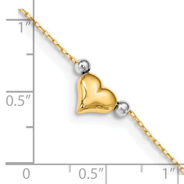 14k Two-Tone Polished Puffed Heart with Beads 10in Anklet - Image 3