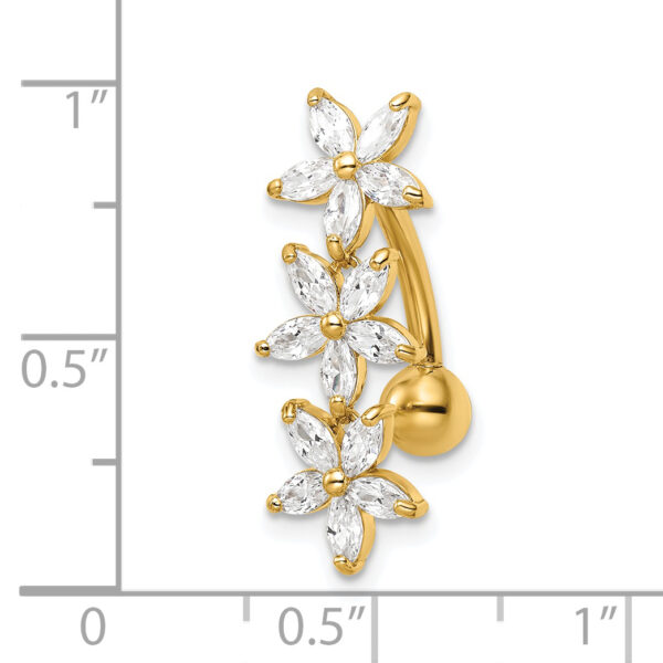 14k 14 Gauge CZ 3 Flowers Dangle Belly Ring - Image 3