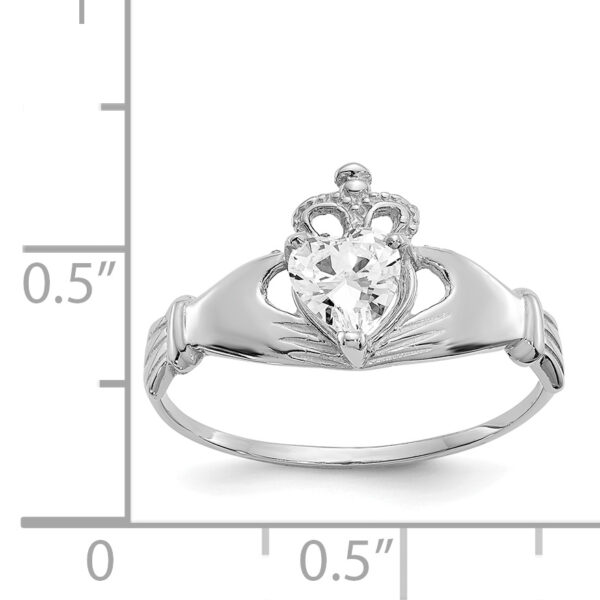14k White Gold CZ April Birthstone Claddagh Heart Ring - Image 3