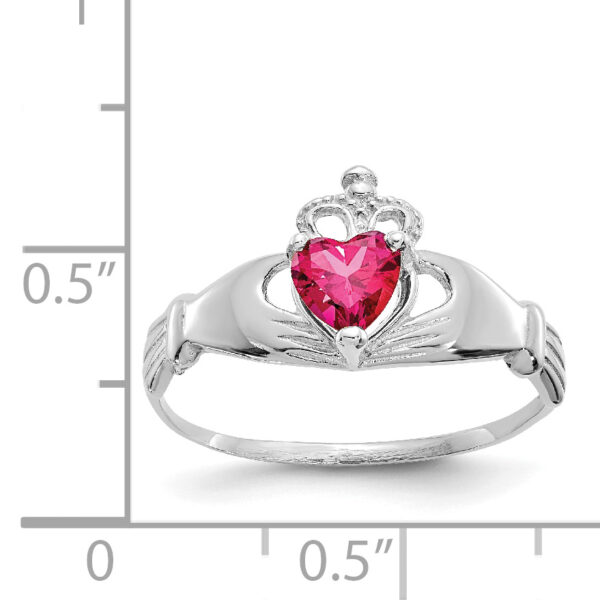 14k White Gold CZ July Birthstone Claddagh Heart Ring - Image 3