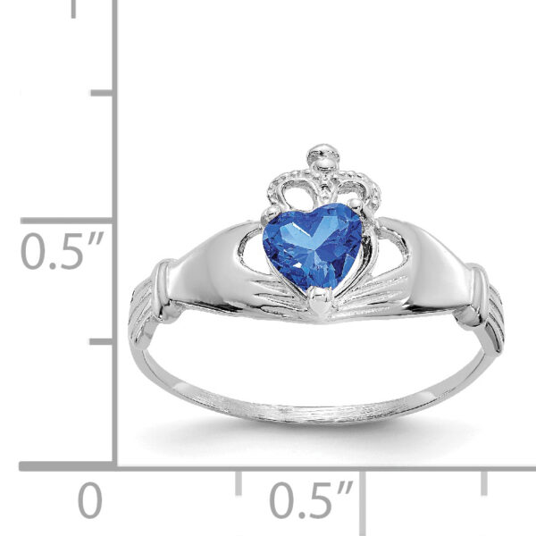 14k White Gold CZ September Birthstone Claddagh Heart Ring - Image 3