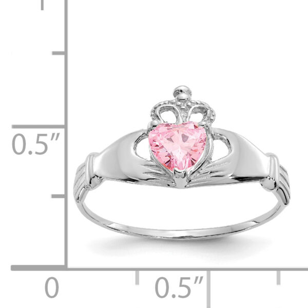 14k White Gold CZ October Birthstone Claddagh Heart Ring - Image 3