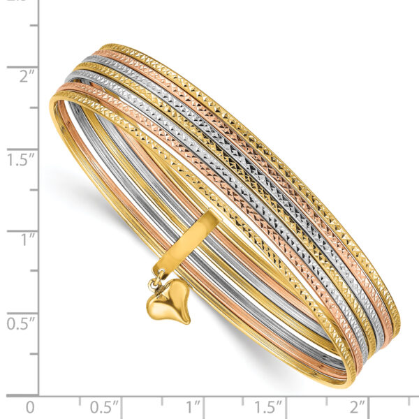 14K w/Dangle Heart Tri-color Oversized Set of 7 Textured Slip-on Bangles - Image 3