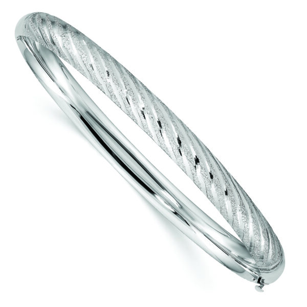 14k White Gold Textured Diamond-cut Twisted Hinged Bangle