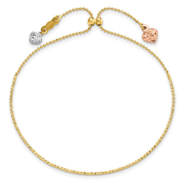 14K Tri-color D/C Heart Adjustable Bracelet - Image 3