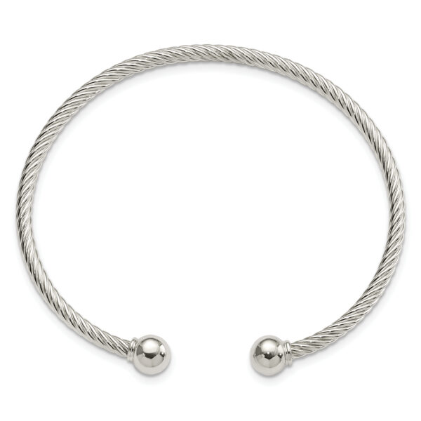 Sterling Silver Polished Twisted w/1 Thread Ball Cuff Bangle - Image 2