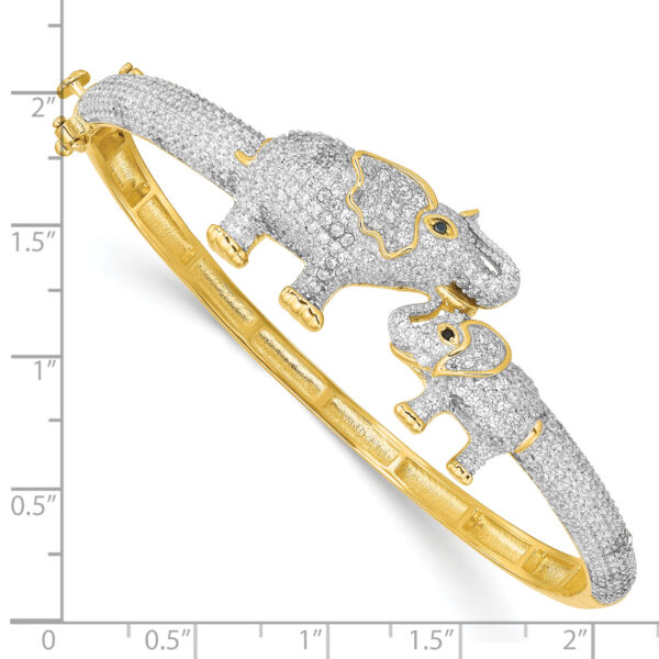 Sterling Silver RH-plated Gold Tone Mom and Baby CZ Elephants Hinged Bangle - Image 3