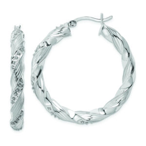 Sterling Silver Platinum-Plated Diamond Mystique Twisted Hoop Earrings