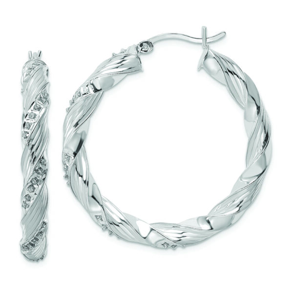 Sterling Silver Platinum-Plated Diamond Mystique Twisted Hoop Earrings
