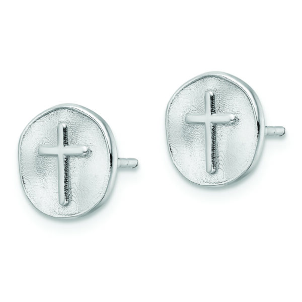 Sterling Silver Rhodium-plated Cross in Satin Circle Post Earrings - Image 2