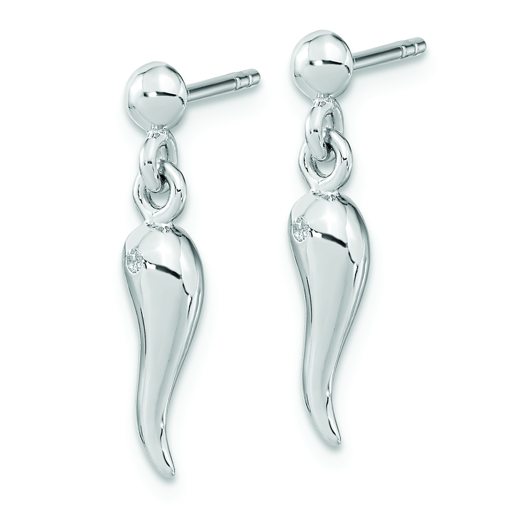 Sterling Silver RH-plated Polish CZ Italian Horn Dangle Post Earrings - Image 2