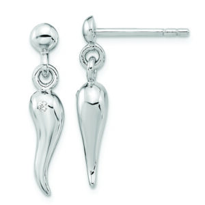 Sterling Silver RH-plated Polish CZ Italian Horn Dangle Post Earrings