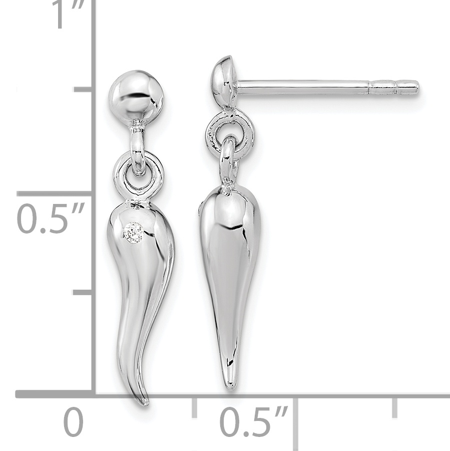 Sterling Silver RH-plated Polish CZ Italian Horn Dangle Post Earrings - Image 3