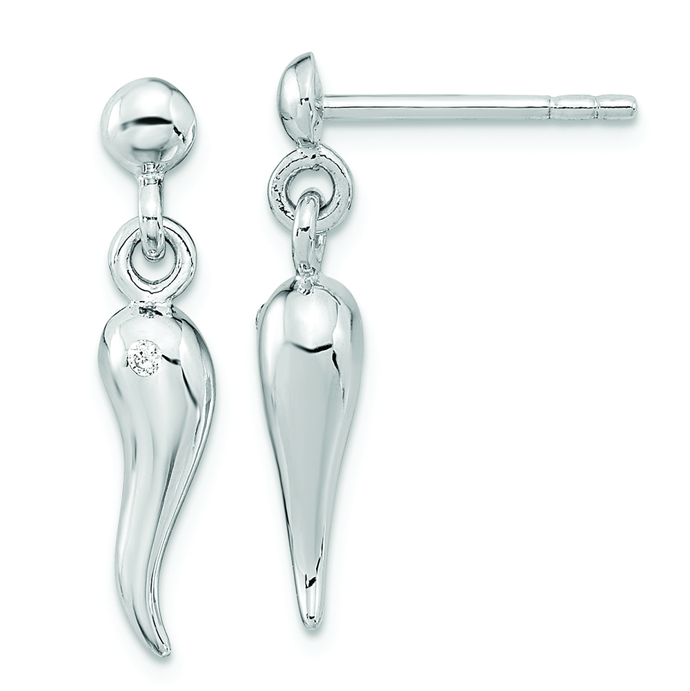 Sterling Silver RH-plated Polish CZ Italian Horn Dangle Post Earrings