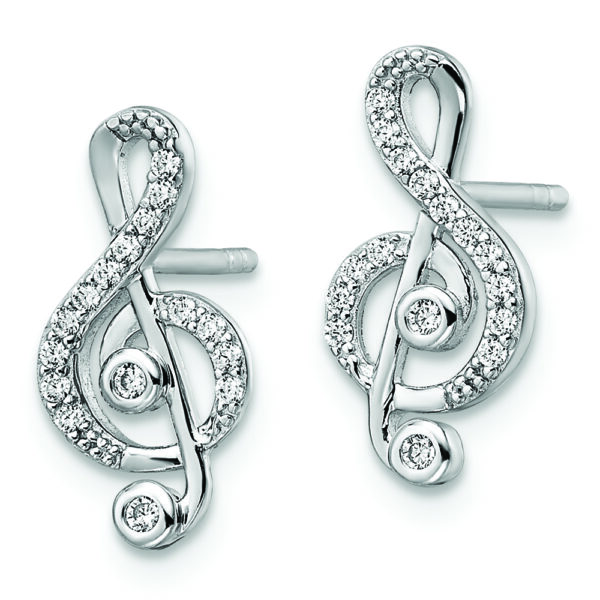 Sterling Silver Rhodium-plated CZ Treble Clef Post Earrings - Image 2