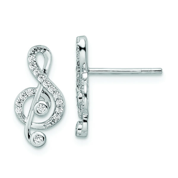 Sterling Silver Rhodium-plated CZ Treble Clef Post Earrings