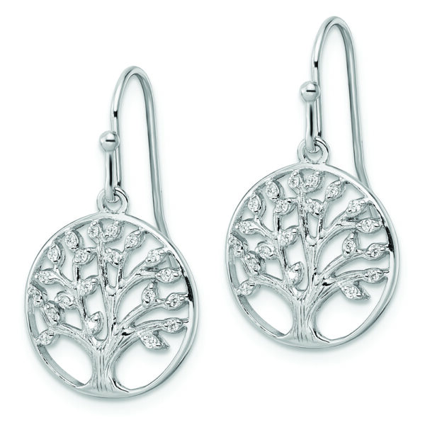 Sterling Silver Rhodium-plated Dangle Polished CZ Tree of Life Earrings - Image 2