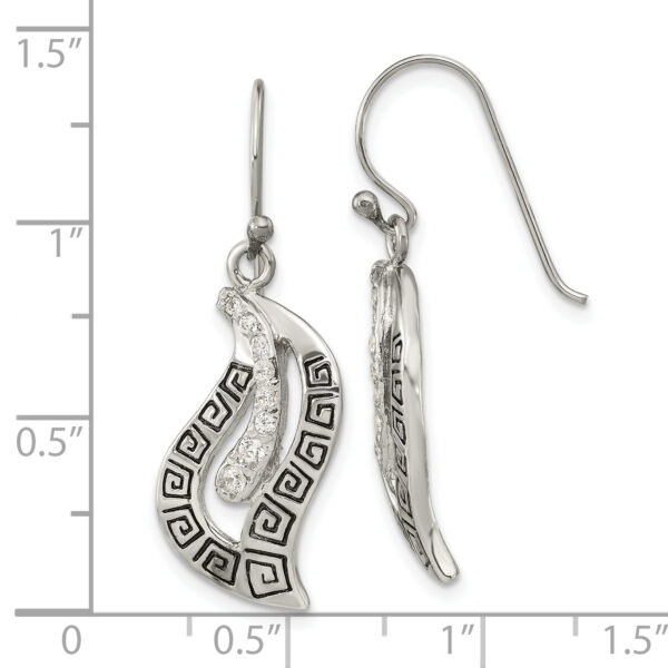 Sterling Silver Antiqued CZ Greek Key Leaf Shepherd Hook Earrings - Image 3