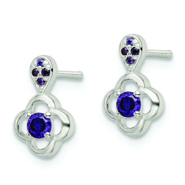 Sterling Silver Polished Purple CZ Flower Post Dangle Earrings - Image 2