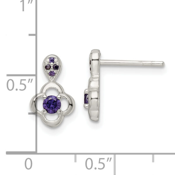 Sterling Silver Polished Purple CZ Flower Post Dangle Earrings - Image 3