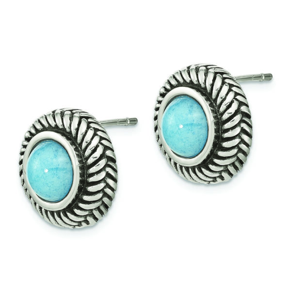 Sterling Silver Polished & Antiqued Imitation Turquoise Circle Post Earring - Image 2