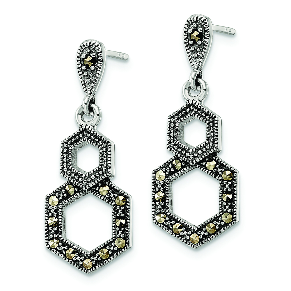 Sterling Silver Antiqued Marcasite Hexagon Post Dangle Earrings - Image 2