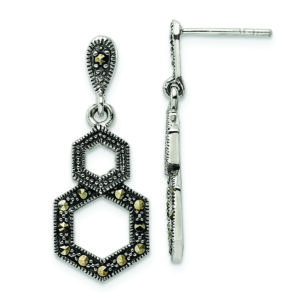 Sterling Silver Antiqued Marcasite Hexagon Post Dangle Earrings