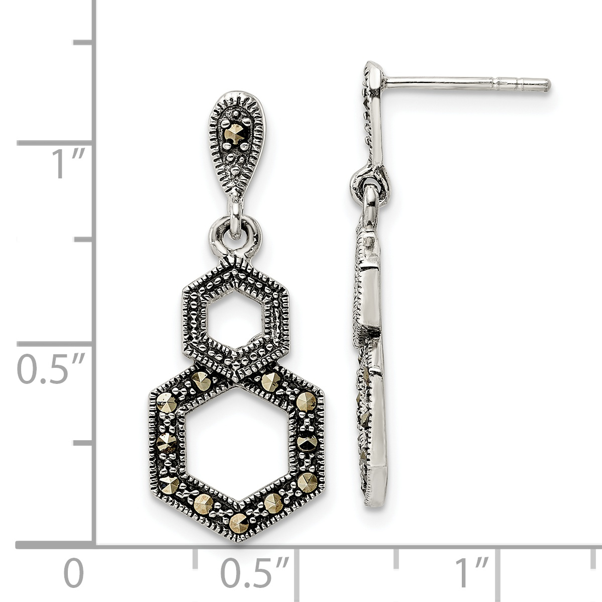 Sterling Silver Antiqued Marcasite Hexagon Post Dangle Earrings - Image 3