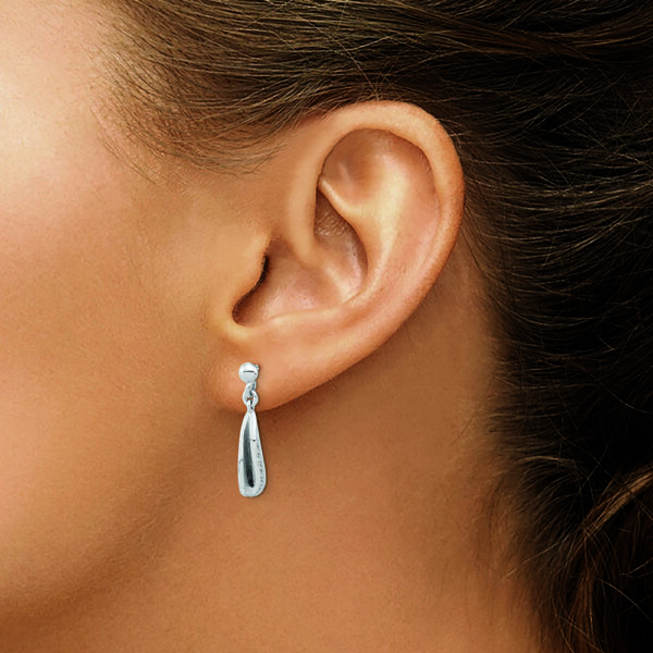 Sterling Silver RH-plated Brushed & Polished CZ Dangle Post Earrings - Image 3
