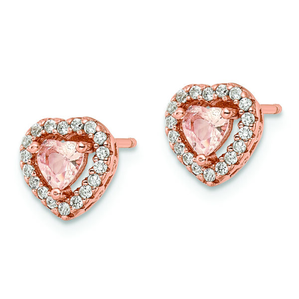 Sterling Silver Rose-tone Polished Pink & White CZ Heart Post Earrings - Image 2