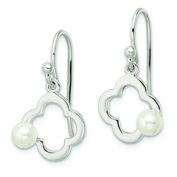 Sterling Silver Polished Imitation Pearl Clover Shepherd Hook Earrings - Image 2