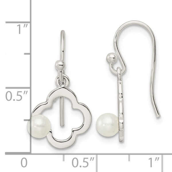 Sterling Silver Polished Imitation Pearl Clover Shepherd Hook Earrings - Image 3