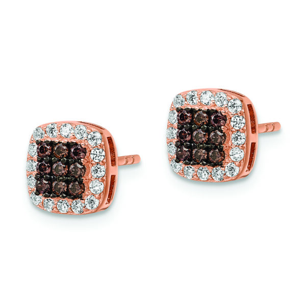 Sterling Silver Rose-tone Blk Rhodium-plate Fancy CZ Square Post Earrings - Image 2