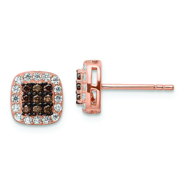 Sterling Silver Rose-tone Blk Rhodium-plate Fancy CZ Square Post Earrings