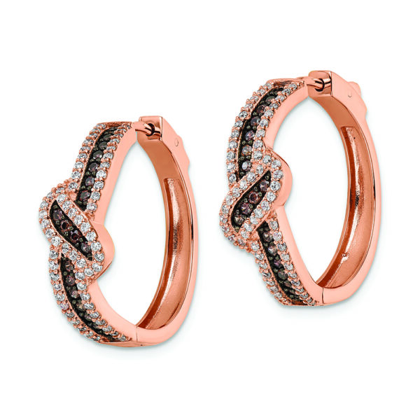 Sterling Silver Rose-tone Blk Rhodium-plate CZ Fancy Hinged Hoop Earrings - Image 2