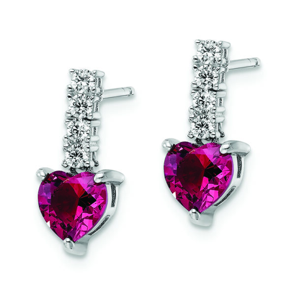 Sterling Silver Polish Rhod-plated Created Ruby Heart Post Dangle Earrings - Image 2