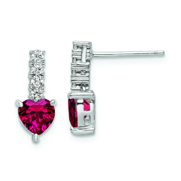 Sterling Silver Polish Rhod-plated Created Ruby Heart Post Dangle Earrings