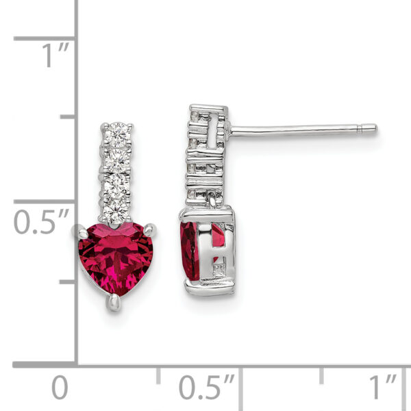 Sterling Silver Polish Rhod-plated Created Ruby Heart Post Dangle Earrings - Image 3